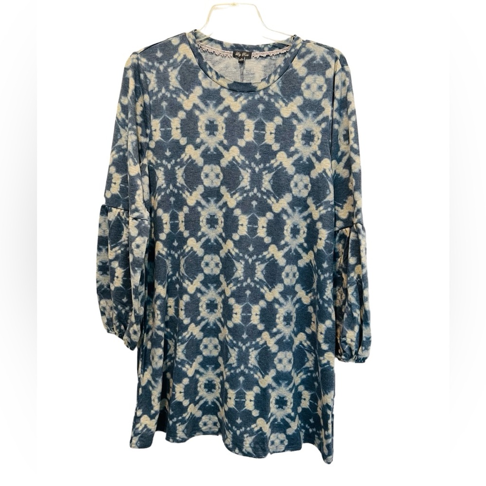 Sweatshirt Dress Dark Teal Gray Batik Print Lantern Sleeve Tie Dye Size 1X